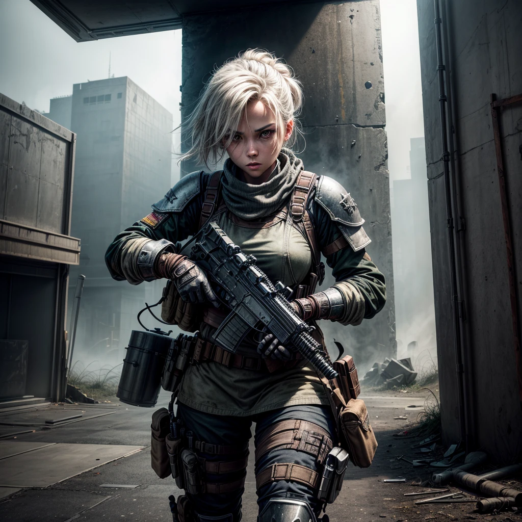 ((A futuristic female warrior wearing light armor and armed with an automatic assault rifle shooting at an unseen enemy beyond the view of the camera. The firefight takes place in an urban environment nearby concrete and steel buildings the warrior is using for cover from enemy fire)), ((post-apocalyptic)), ((dark low ambient light)), ((shooting weapon)), ((gunfire)), ((muzzle flashes)), ((bullet impacts)), ((worn and faded signage)), ((fog and mist)), industrial atmosphere of dark fantasy, superb render, sublime texturing, extreme detail and resolution, highly reflective surface textures, ((steel textures)), ((cement and stone textures)), ((rust textures)), centered and perfect presentation and composition, hypermaximalist, insanely detailed and intricate, 8k, RAW image, hyper resolution, minimal lighting, ambient occlusion style, rule of thirds