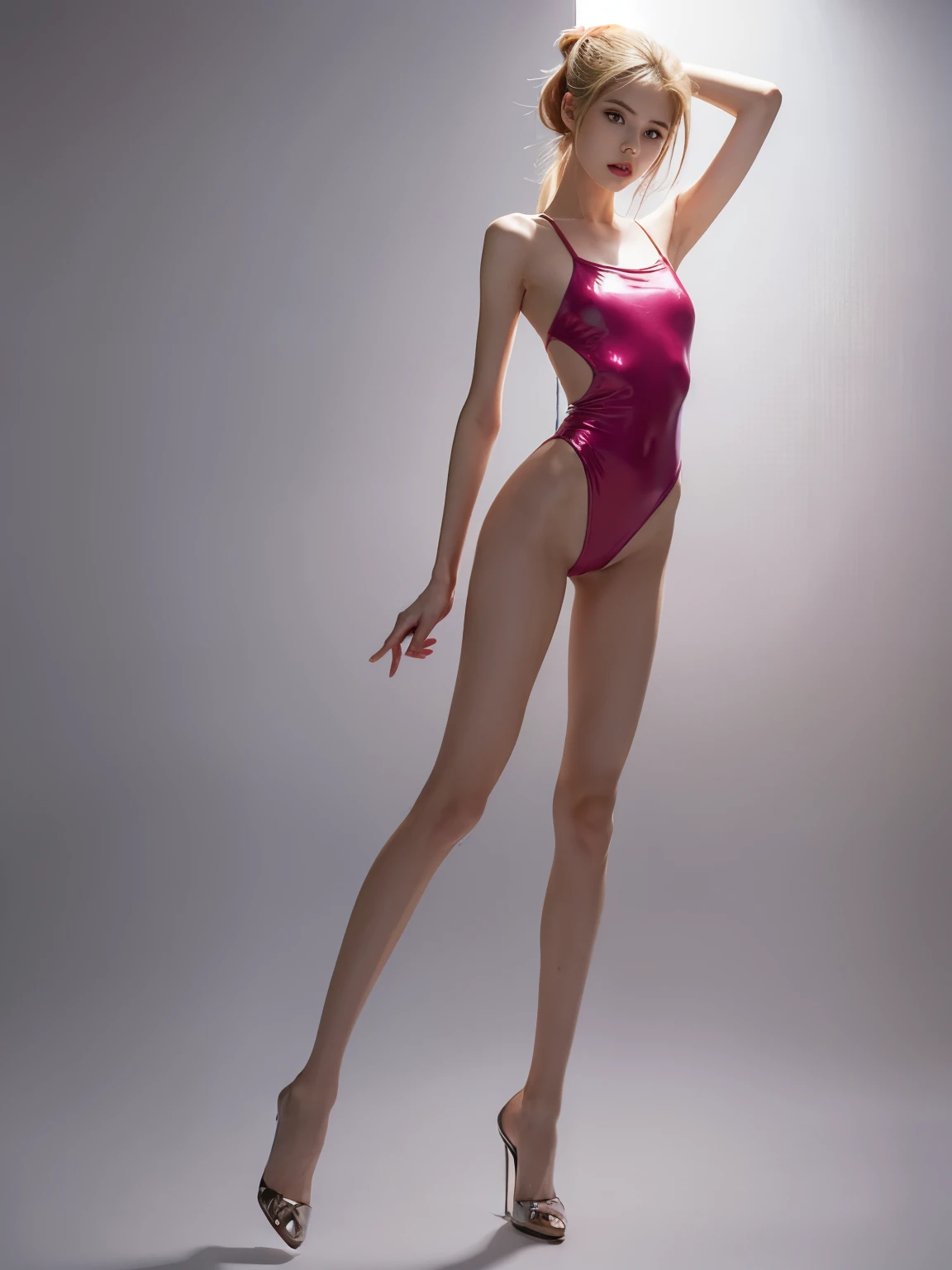 best quality, photorealistic, extremely detailed CG unity 8k wallpaper, Depth of field, Cinematic Light, Lens Flare, Ray tracing, (extremely beautiful face, beautiful full lips, beautiful eyes), intricate detail face, ((ultra detailed skin)) 1girl, deep shadow, pretty, cute laos girl, 1 girl, age17 (very slim anorexic slender skinny body:1.4); skinny,thin thighs, tall (170cm) ,(flat chested), (tiny breast), (Extra small breast) (anorexic body), full body shot, long legs in the picture, anorexic super thin model body, skinny anorexic runway model, High fashion model, ((looking at viewer)), naked (tight latex extreme high cut one piece swimsuit ), walking , front shot, (pale skin), (big eyes), face forward, blond pink hair (long shiny ponytail hair) , (looking at viewer:1.3) very slim, (small breasts), luxury terase, sea, sunny, (10 inch high heels), walking on black shiny 10inch high heels