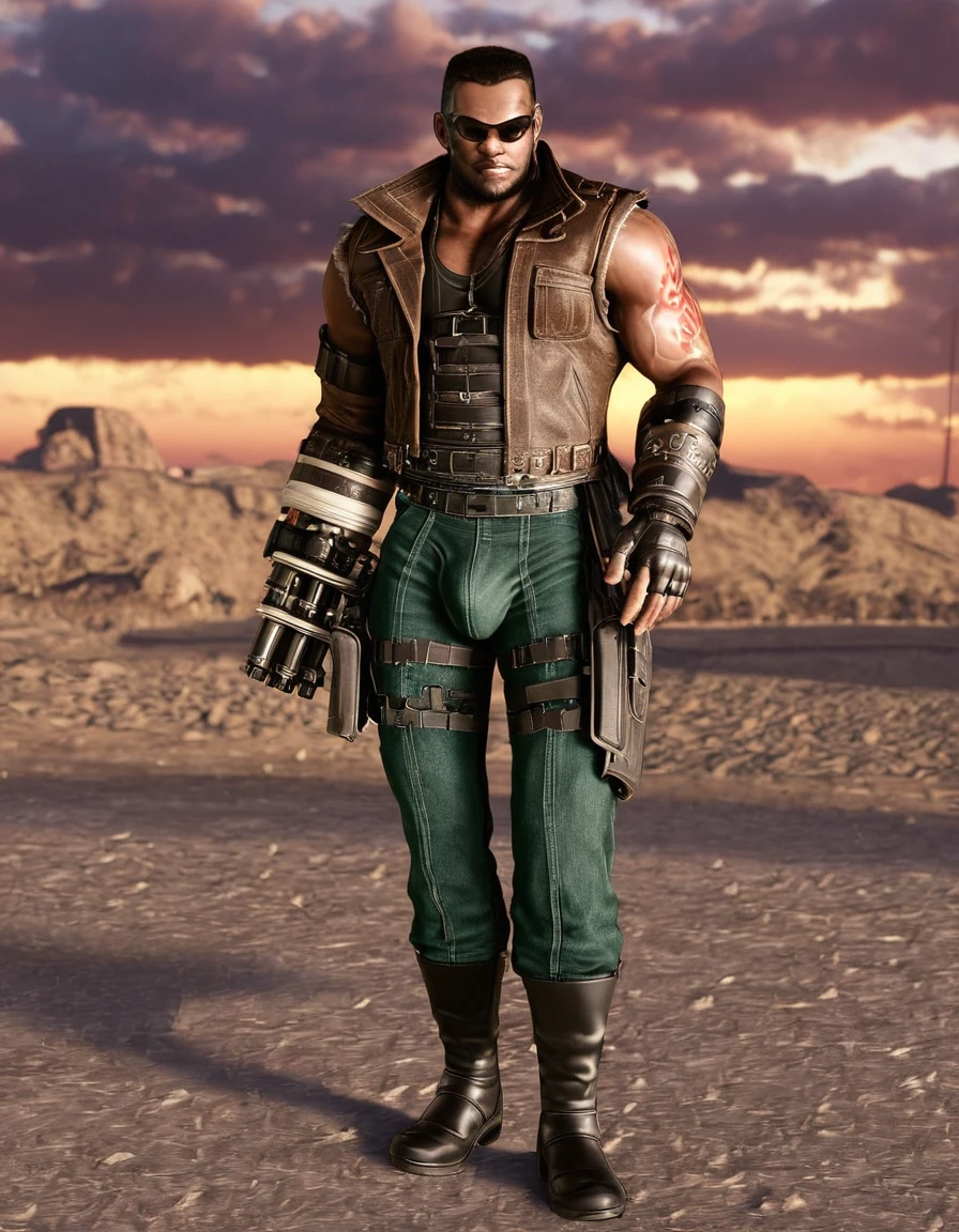 barret, dark skin male with gun arm and tattoo, sunglasses , ( no pants ) , black leather briefs , full body , black boots , bulge