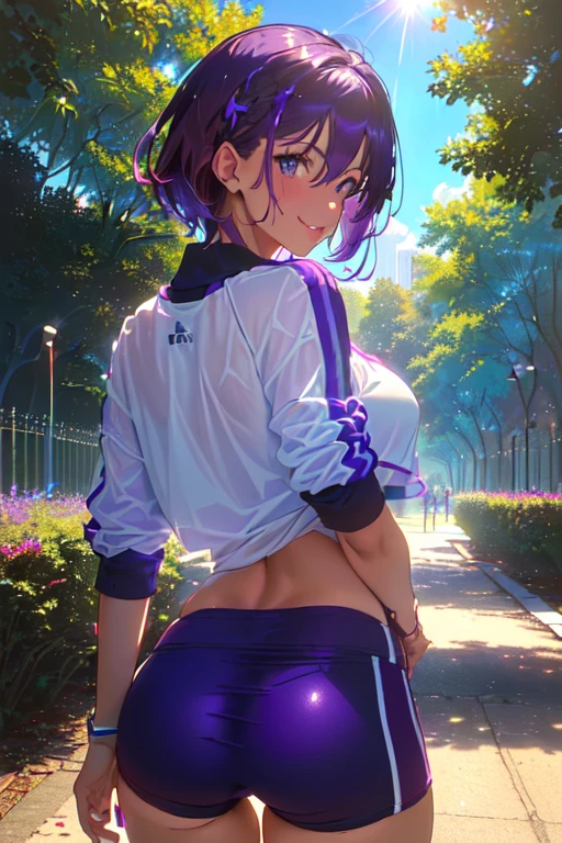 ((tanned adult woman), (( short purple hair, blue colored eyes,)), white undershirt, belly showing, hardnipples, tight red shorts, wet groin), slender, smile cute, ((correndo in a park )) , red lipgloss stick, (( on her back looking at the camera showing her ass )) (( in a park )), Masterpiece artwork, high qualiy, Solar rear lighting))