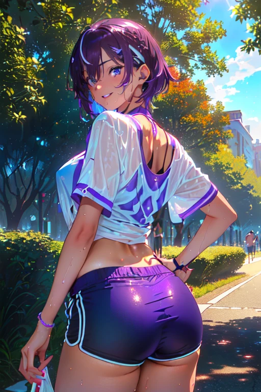 ((tanned adult woman), (( short purple hair, blue colored eyes,)), white undershirt, belly showing, hardnipples, tight red shorts, wet groin), slender, smile cute, ((correndo in a park )) , red lipgloss stick, (( on her back looking at the camera showing her ass )) (( in a park )), Masterpiece artwork, high qualiy, Solar rear lighting))