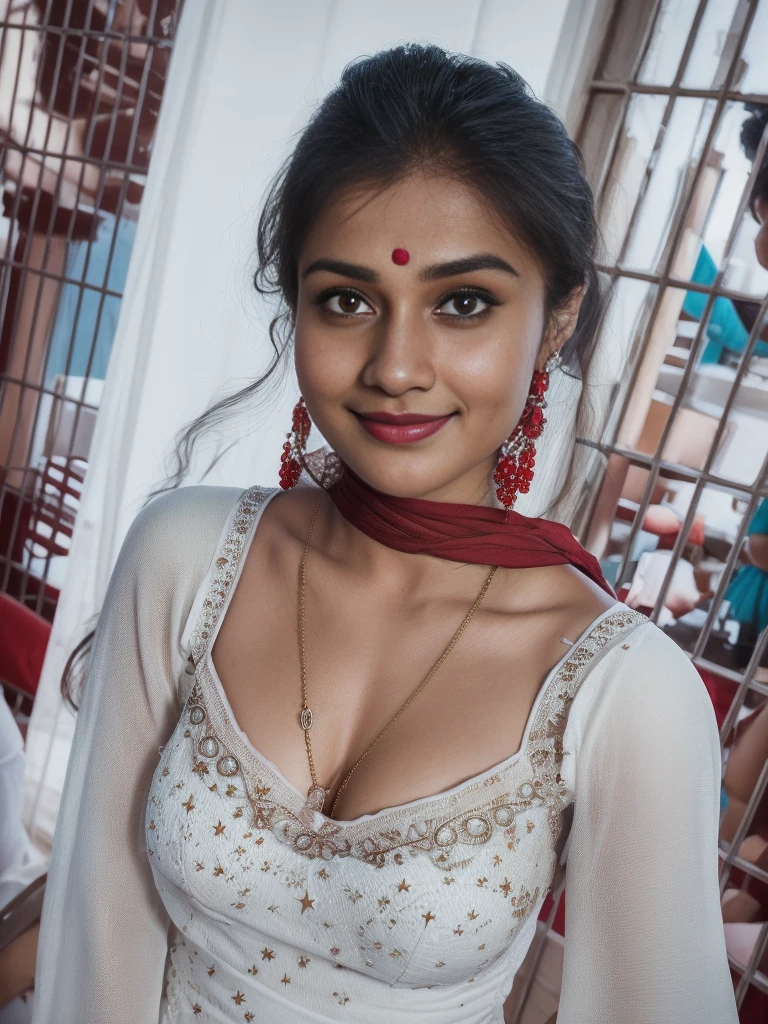 (editorial photograph of a young indian women in closup shoot of vedika), karla ortiz, (highly detailed face:1.4) (smile:0.7) (backround 5 star hotel , moody, private study:1.3) POV, by lee jeffries, nikon d850, film stock photograph ,4 kodak portra 400 ,camera f1.6 lens ,rich colors ,hyper realistic ,lifelike texture, earing white dress with red border, dramatic lighting , cinestill 800, realistic,  seductive big boobs actress, karla ortiz, posing!!, candid picture, by Max Dauthendey,