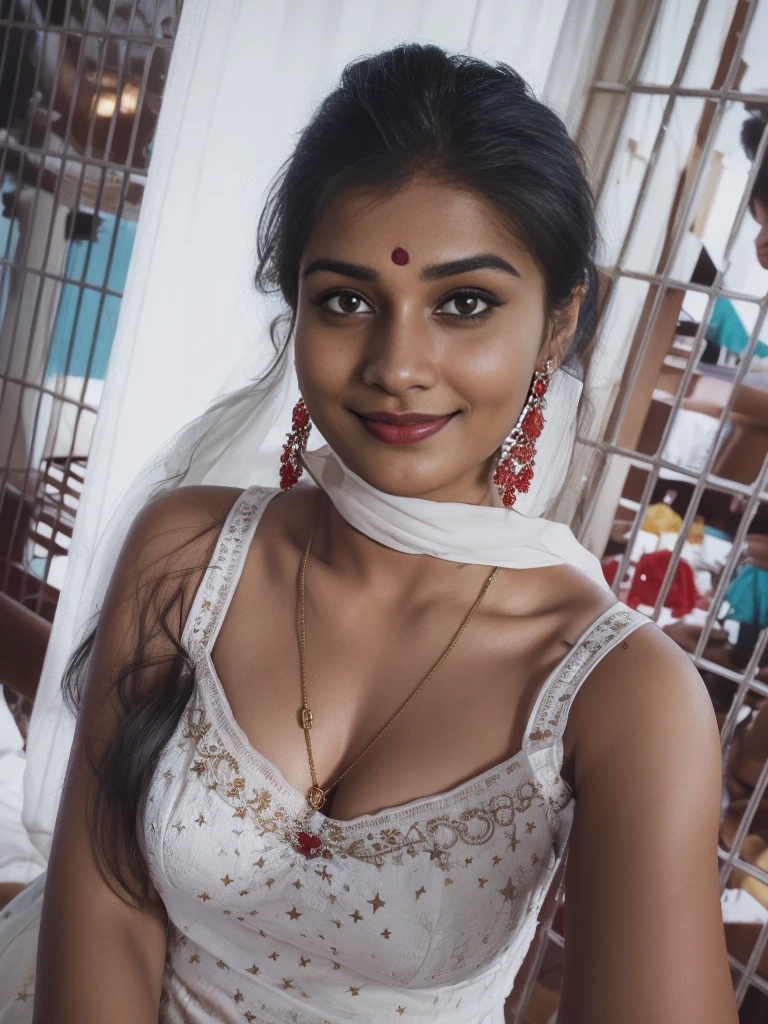 (editorial photograph of a young indian women in closup shoot of vedika), karla ortiz, (highly detailed face:1.4) (smile:0.7) (backround 5 star hotel , moody, private study:1.3) POV, by lee jeffries, nikon d850, film stock photograph ,4 kodak portra 400 ,camera f1.6 lens ,rich colors ,hyper realistic ,lifelike texture, earing white dress with red border, dramatic lighting , cinestill 800, realistic,  seductive big boobs actress, karla ortiz, posing!!, candid picture, by Max Dauthendey,