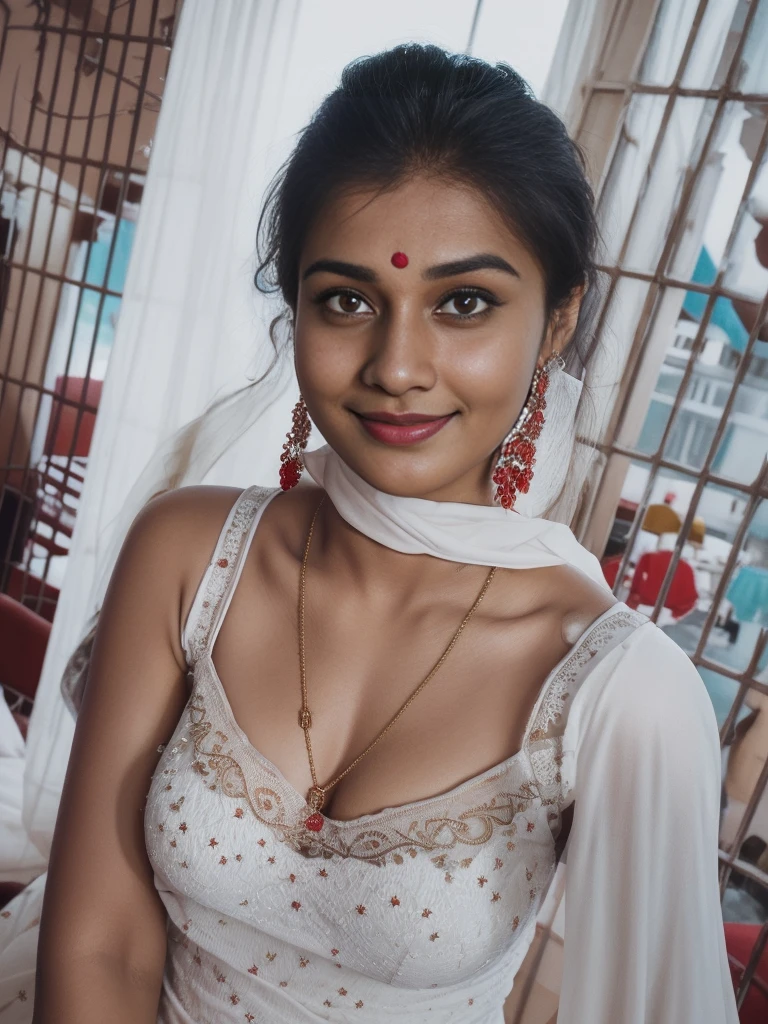 (editorial photograph of a young indian women in closup shoot of vedika), karla ortiz, (highly detailed face:1.4) (smile:0.7) (backround 5 star hotel , moody, private study:1.3) POV, by lee jeffries, nikon d850, film stock photograph ,4 kodak portra 400 ,camera f1.6 lens ,rich colors ,hyper realistic ,lifelike texture, earing white dress with red border, dramatic lighting , cinestill 800, realistic,  seductive big boobs actress, karla ortiz, posing!!, candid picture, by Max Dauthendey,