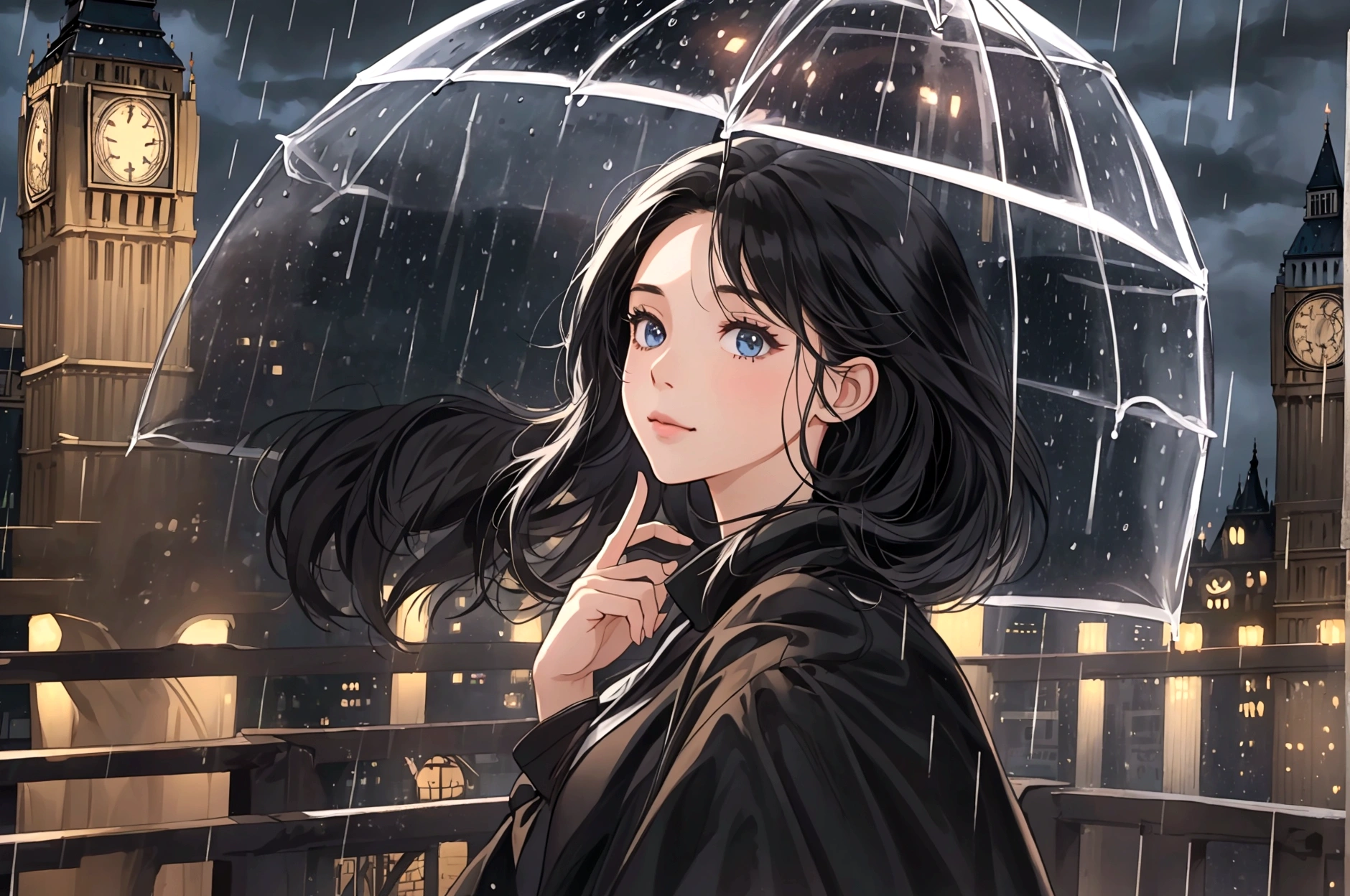 wide shot,4K, 8K, masterpiece, Highest quality, Upper Body, One girl,city, night,rain,london, black hair, night sky