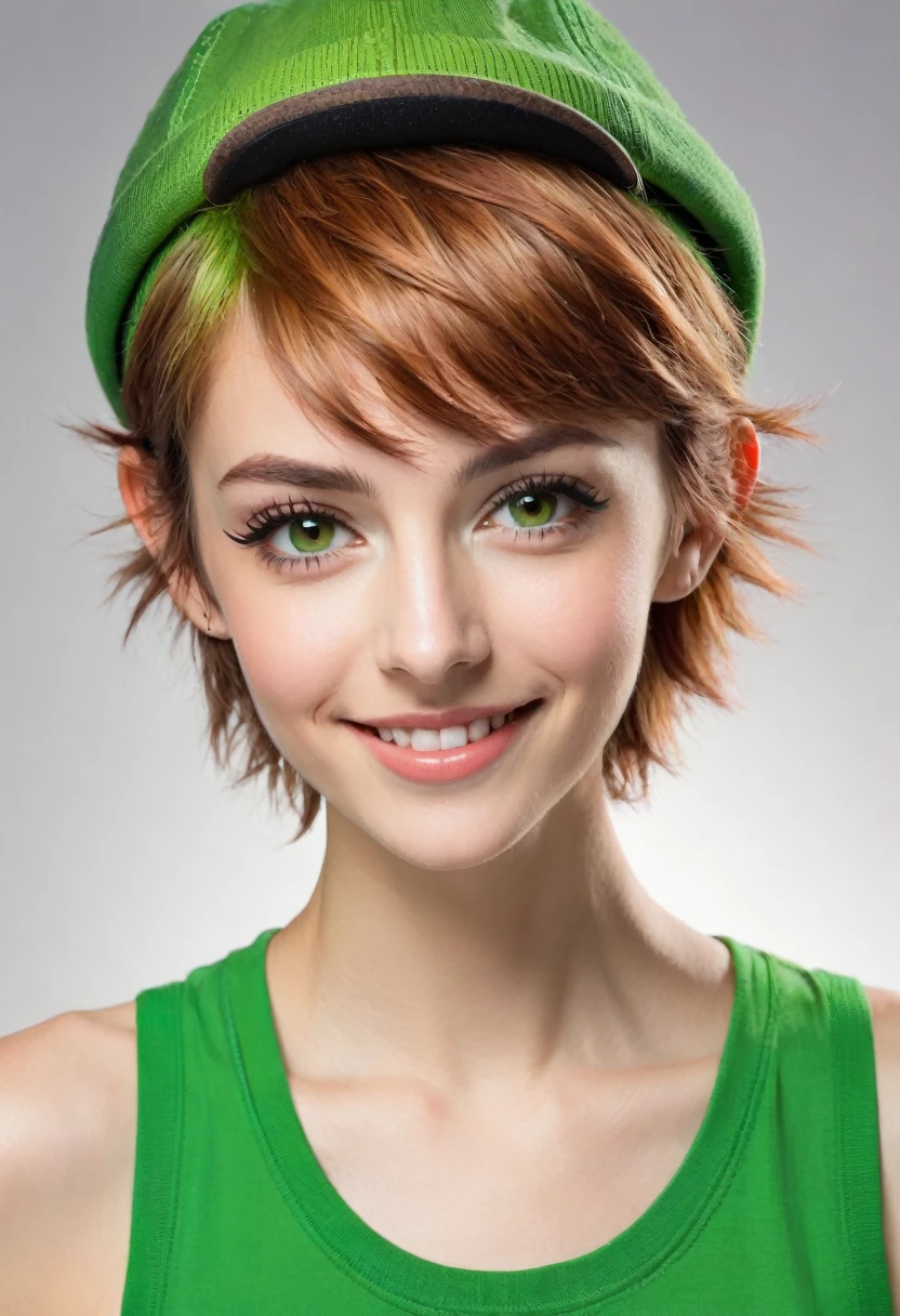 bushy bearded woman, facial hair, very short hair, light brown gradient lesbian boy, amber eyes, small nose, smile lines, punk, hairy sporty skinny body, green Peter Pan hat