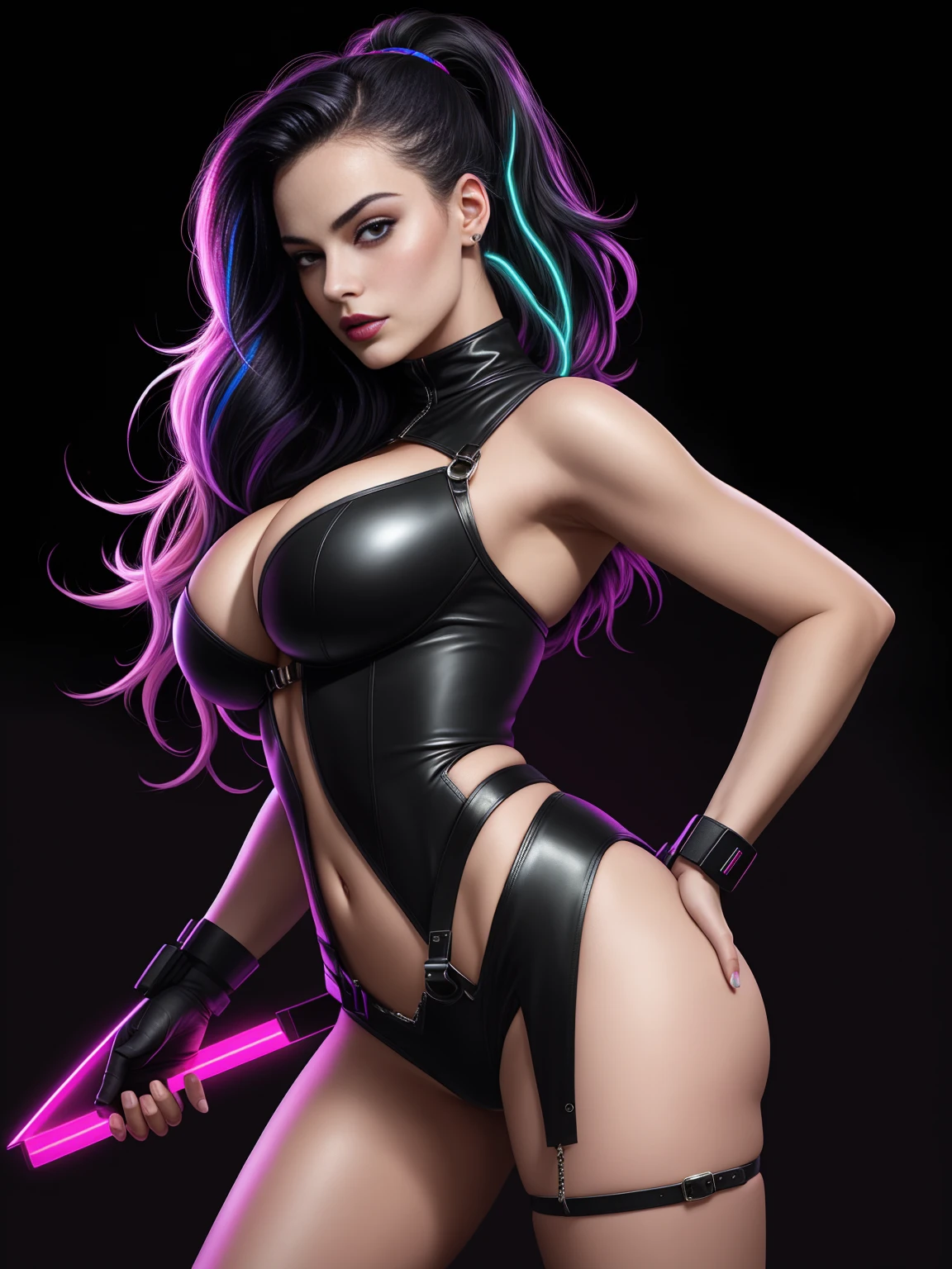 there is Margot Robbie, black neon streaked hair, hair in pony tail, 3 d neon art of a womans body, neon-noir background, cyberpunk femme fatale, seductive cyberpunk dark fantasy, cyberpunk strip clubs, cyberpunk 20 y. o model girl, oppai cyberpunk, banner, high definition cgsociety, cgsociety masterpiece, trending on cgstation, kda, random hair, nice ass, back to camera, gigantic breasts, cleavage, (high detailed skin:1.2), 8k uhd, dslr, super lighting, high quality, film grain, high res, highly detailed, hyper realistic, beautiful face, beautiful body, beautiful eyes nose lips, alluring expression, very bold, upper  visible, full body photo, standing legs apart, pale translucent glowing skin, most beautiful face, cute, (well defined pubic hair:1.2)), (dark plain black background:1.4))