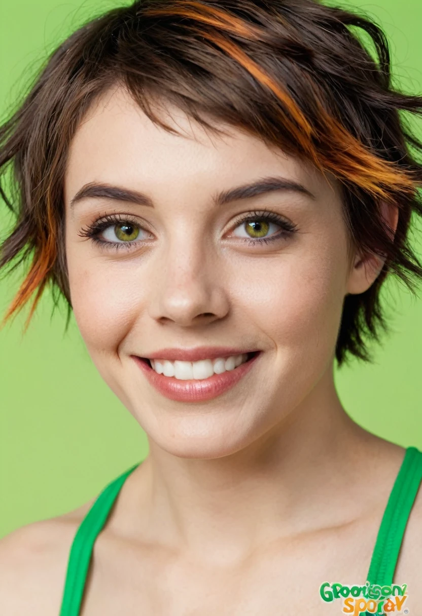 
bushy bearded woman,  hair, very short hair, light brown gradient lesbian boy, amber eyes, small nose, smile lines, punk, hairy sporty skinny body, green Peter Pan hat