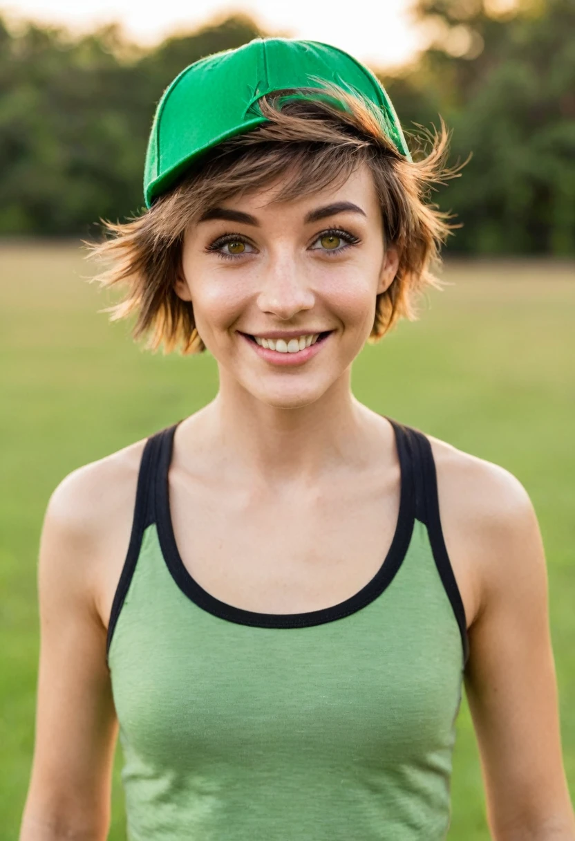 bushy bearded woman, facial hair, very short hair, light brown gradient lesbian boy, amber eyes, small nose, smile lines, punk, hairy sporty skinny body, green Peter Pan hat