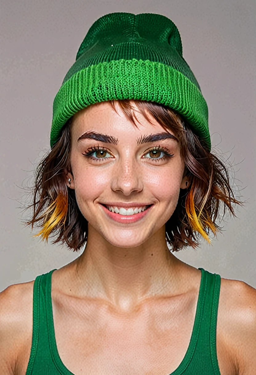 bushy bearded woman, facial hair, very short hair, light brown gradient lesbian boy, amber eyes, small nose, smile lines, punk, hairy sporty skinny body, green Peter Pan hat