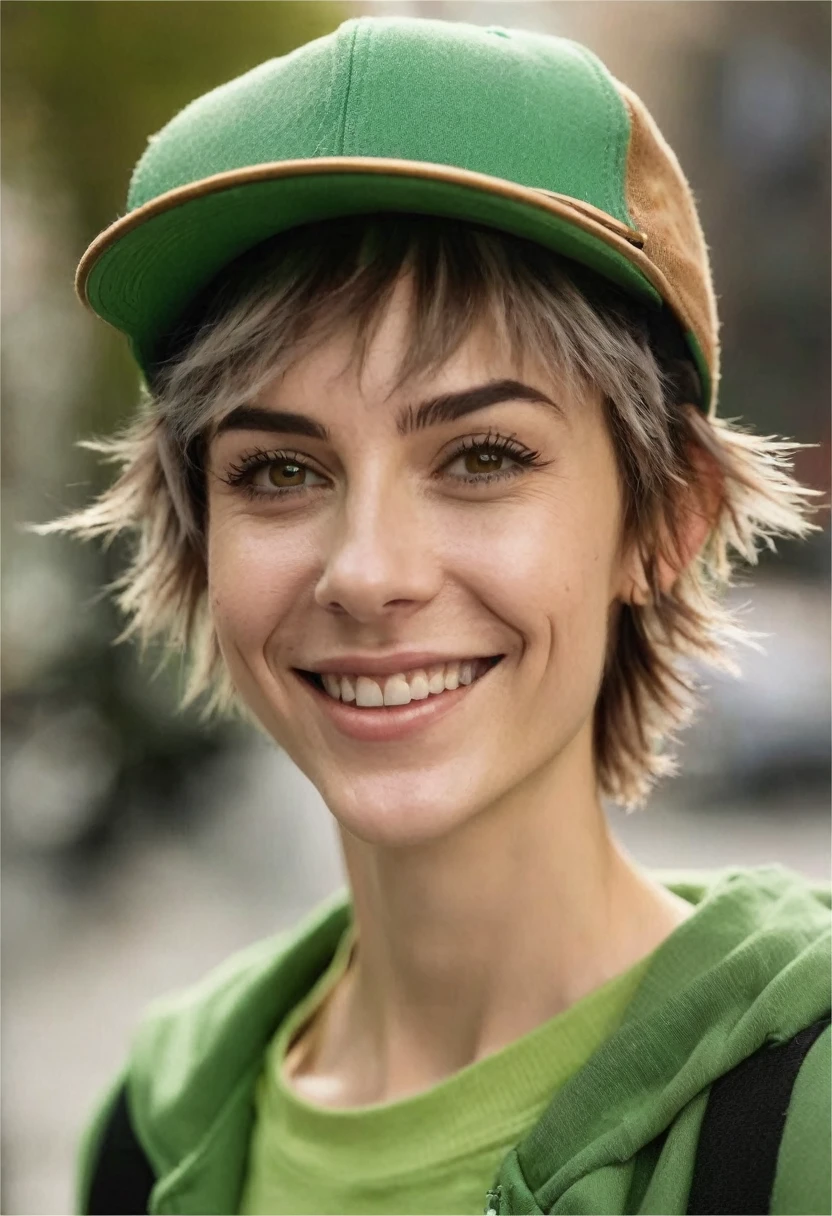 bushy bearded woman, facial hair, very short hair, light brown gradient lesbian boy, amber eyes, small nose, smile lines, punk, hairy sporty skinny body, green Peter Pan hat