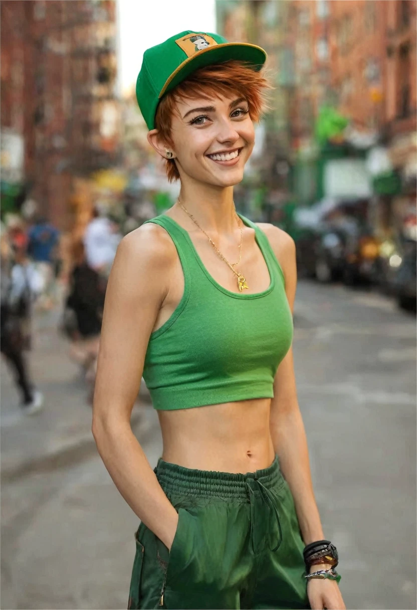 
bushy bearded woman, facial hair, very short hair, light brown gradient lesbian boy, amber eyes, small nose, smile lines, punk, hairy sporty skinny body, green Peter Pan hat