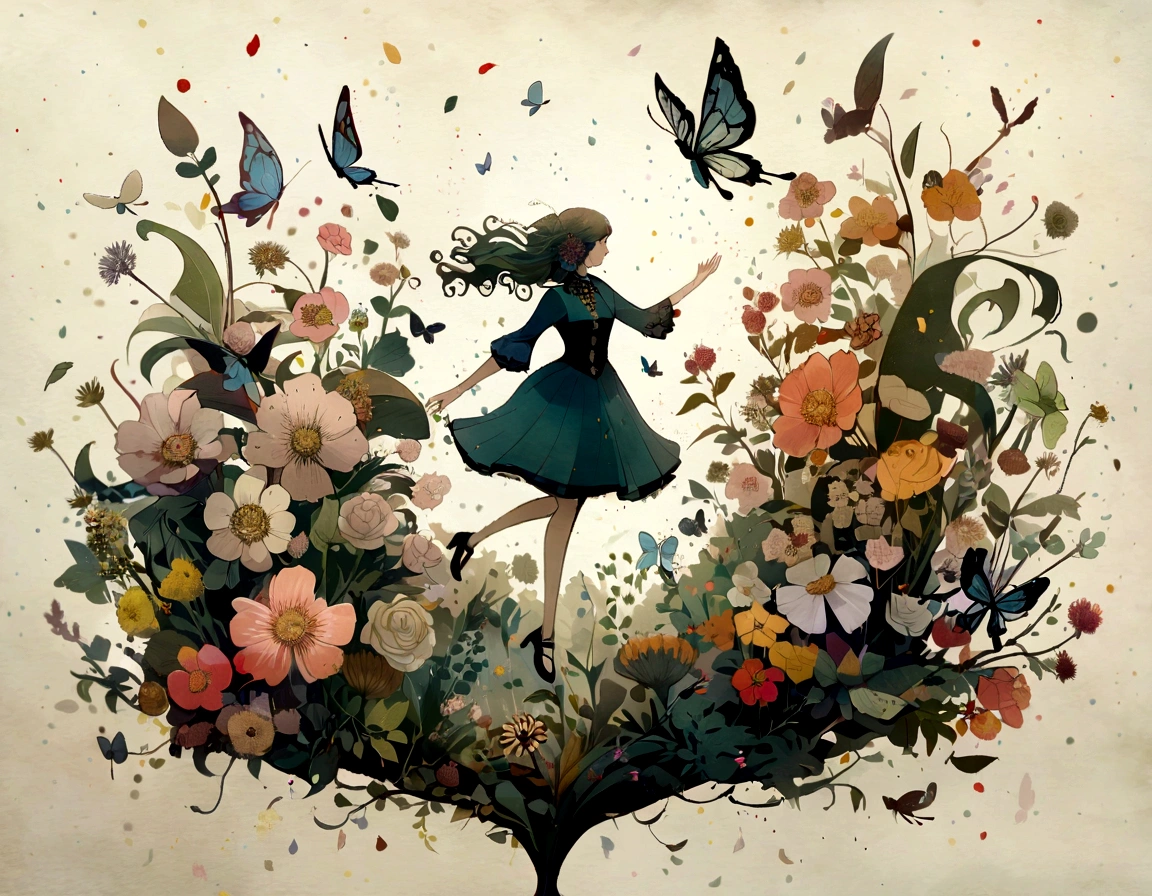 chaos, posh, bright coloured, art by Anne Bachelier, atmospheric, uma flor posh, butterflys, blooming flowers, In Motion, dramatic, fully body, organic composition