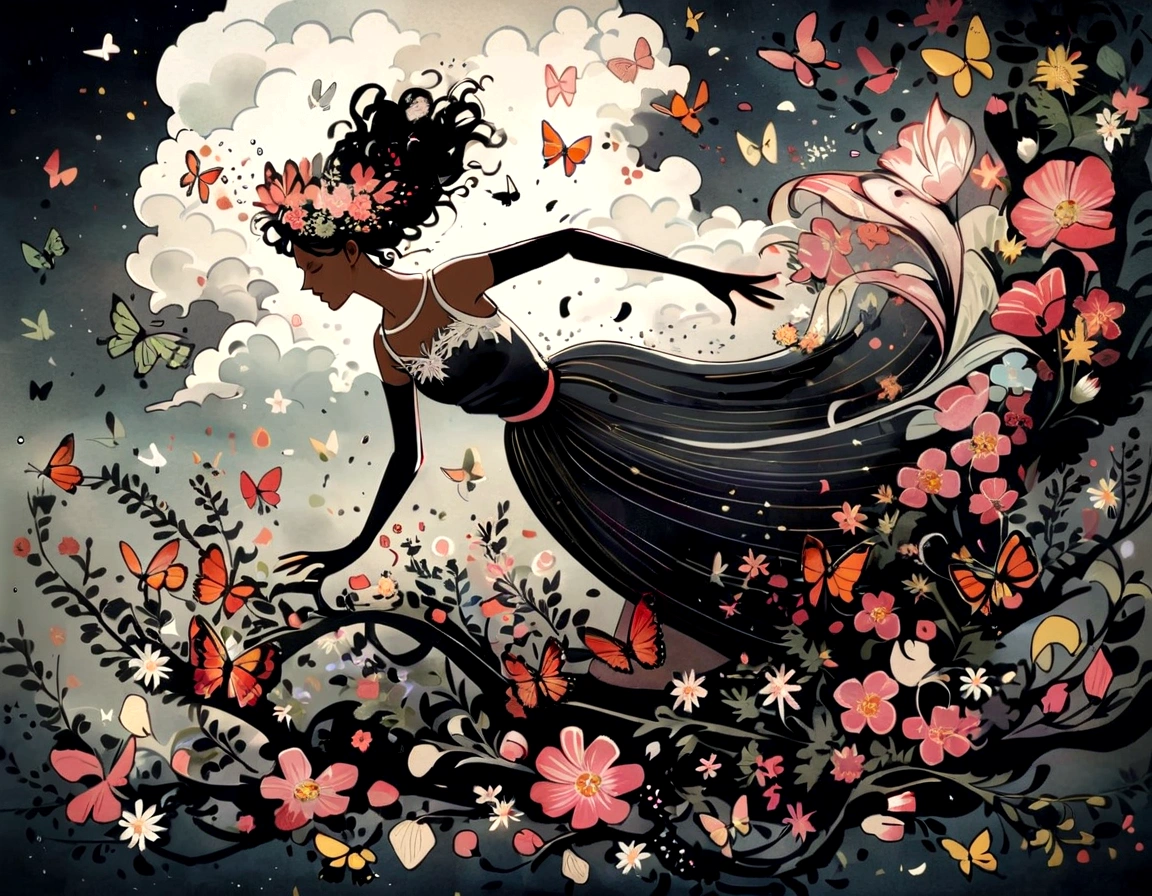 chaos, posh, bright coloured, art by Anne Bachelier, atmospheric, uma flor posh, butterflys, blooming flowers, In Motion, dramatic, fully body, organic composition