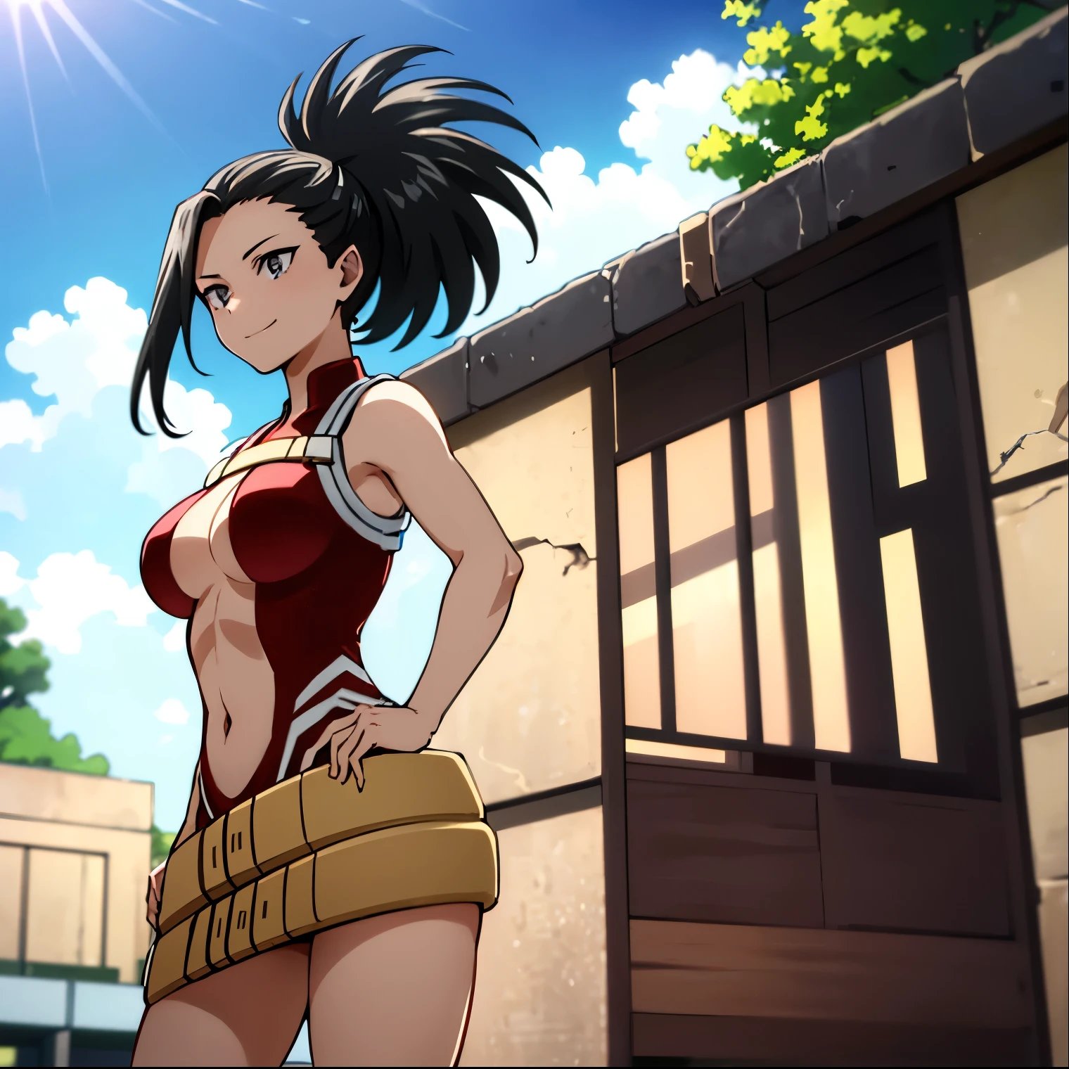 1girl,alone,momo yaoyorozu,masterpiece,best quality,high resolution,ultra detailed,detailed eyes,cowboy shot,dynamic posture,sharp focus,soft and smooth skin,seductive,smiling,closed mouth,looking at viewer,black hair , ponytail, hair tied back, black eyes, big breasts, medium waist, wide hips, wide thighs, round butt, red leotard, exposed navel, bare arms, bare legs, belt, smile, standing, straight, arms on the waist, outdoors, Japanese park, cherry trees, Looking back, from behind, ((focus on the butt)) pov (from below), perfect anatomy, perfect hands