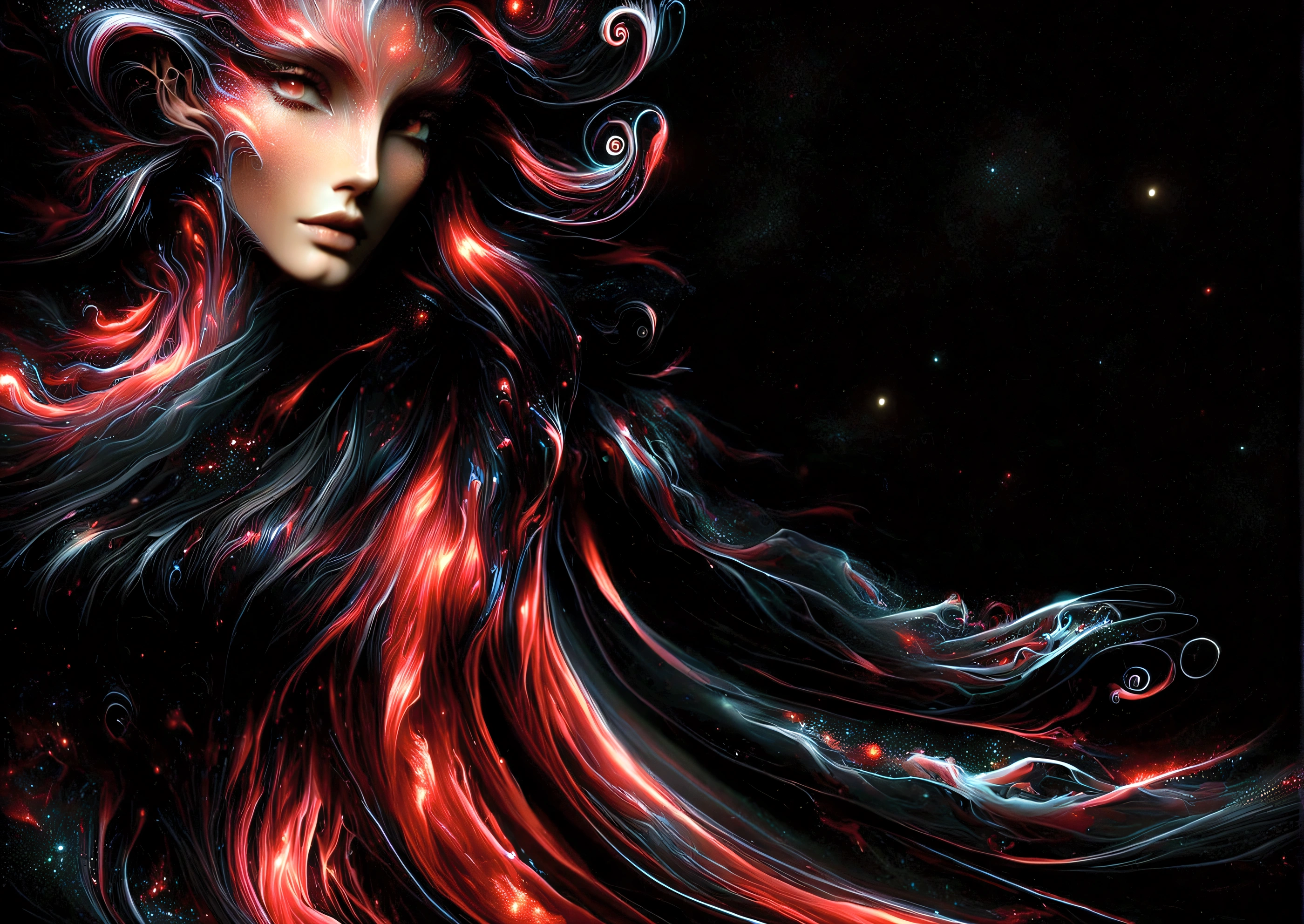 a close up of a woman with long hair and a black background, sultry digital painting, glossy digital painting, epic 3 d abstract emo girl, black and red hair, style digital painting, glowing flowing hair, red glowing hair, very long black/red hair, flowing black hair, black red long hair!, swirling black hair, gorgeous digital painting, black dynamic hair