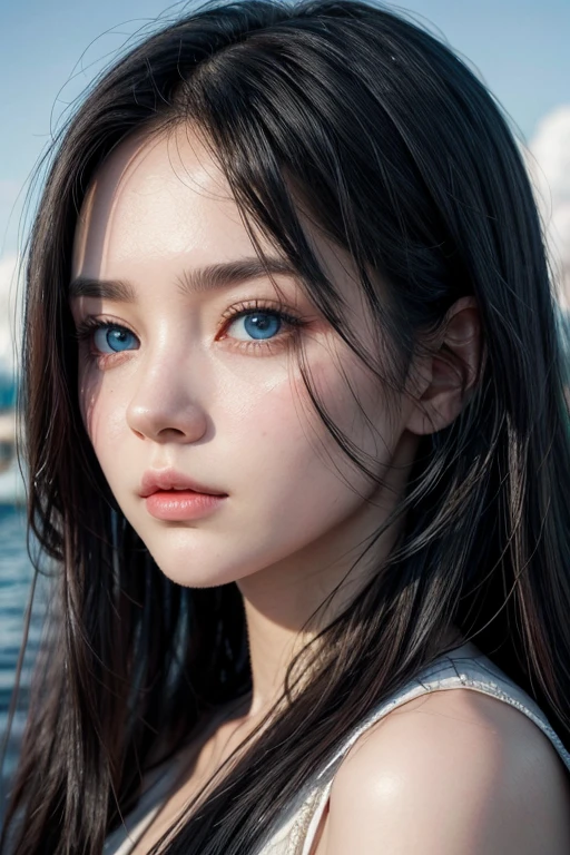 Utopian character, Woman, long black hair, sky blue eyes, beautiful and angelic face with strong and unique features
