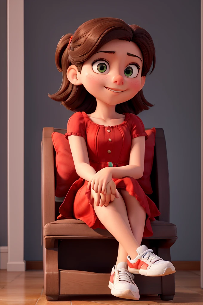 Create a 3D illusion for a WhatsApp profile photo where a girl in a red dress is sitting casually cross-legged in an armchair. wearing sneakers , she looks ahead. The background features "Shahzib" in big and capital white fonts on black wall.
There shouldn't be your shadow, and there are wings to make it look like she's an angel.