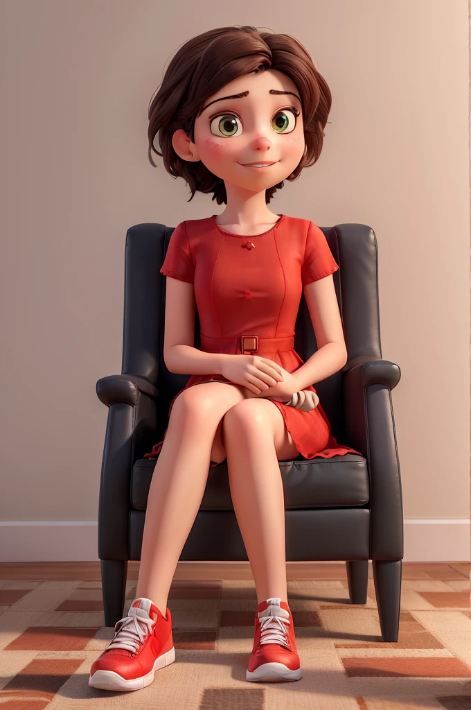 Create a 3D illusion for a WhatsApp profile photo where a girl in a red dress is sitting casually cross-legged in an armchair. wearing sneakers , she looks ahead. The background features "Shahzib" in big and capital white fonts on black wall.
There shouldn&#39;t be your shadow, and there are wings to make it look like she&#39;s an angel.