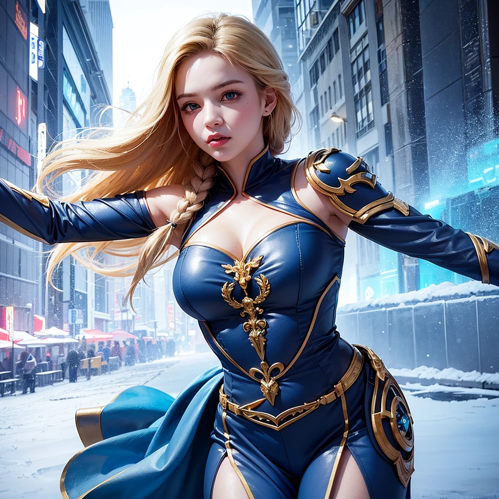 Generate an AI image of a young woman resembling Elsa from Disney's Frozen: with blonde hair styled in braids, striking blue eyes. She is dressed in a futuristic blue tech outfit adorned with intricate gold details, reminiscent of character designs from anime and Overwatch games. The scene depicts her walking through a cyberpunk snowed city inspired by Norway, featuring modern buildings bathed in neon lights and an icy-like lighting ambiance. The focus should be on her from head to waist, capturing her presence in this vibrant, futuristic setting.