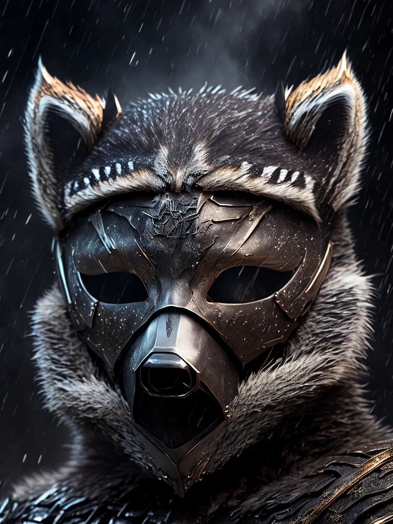 Close-up (Terminator Flash from DC in Viking style: 1.3) (raccoon mask:1.6), emerging from wet black mud, extremely detailed, smoke, sparks, metal shavings, flying debris, volumetric light