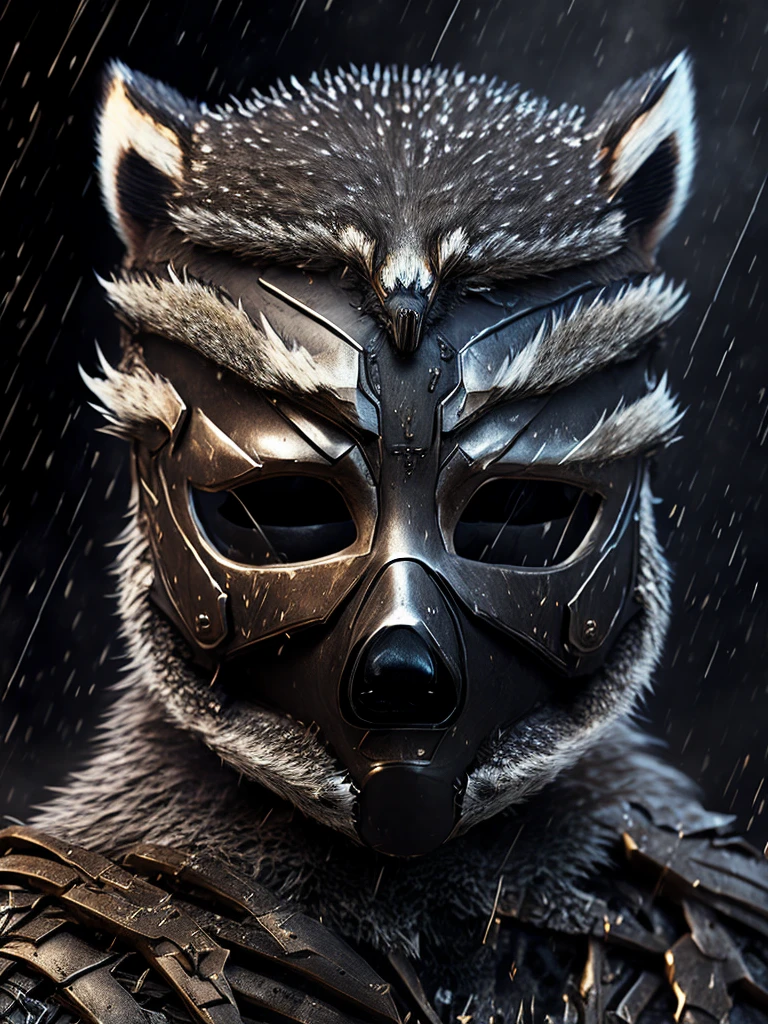 Close-up (Terminator Flash from DC in Viking style: 1.3) (raccoon mask:1.6), emerging from wet black mud, extremely detailed, smoke, sparks, metal shavings, flying debris, volumetric light