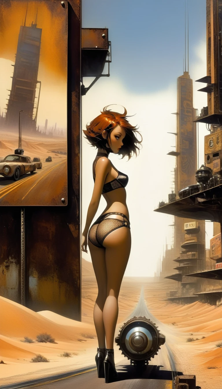 road sign in the desert rusty smooth metal panel with screwed and welded parts, advertisement with a girl in lingerie, in the distance you can see a futuristic city (Dave Mckean inspired art, intricate details, oil painting)