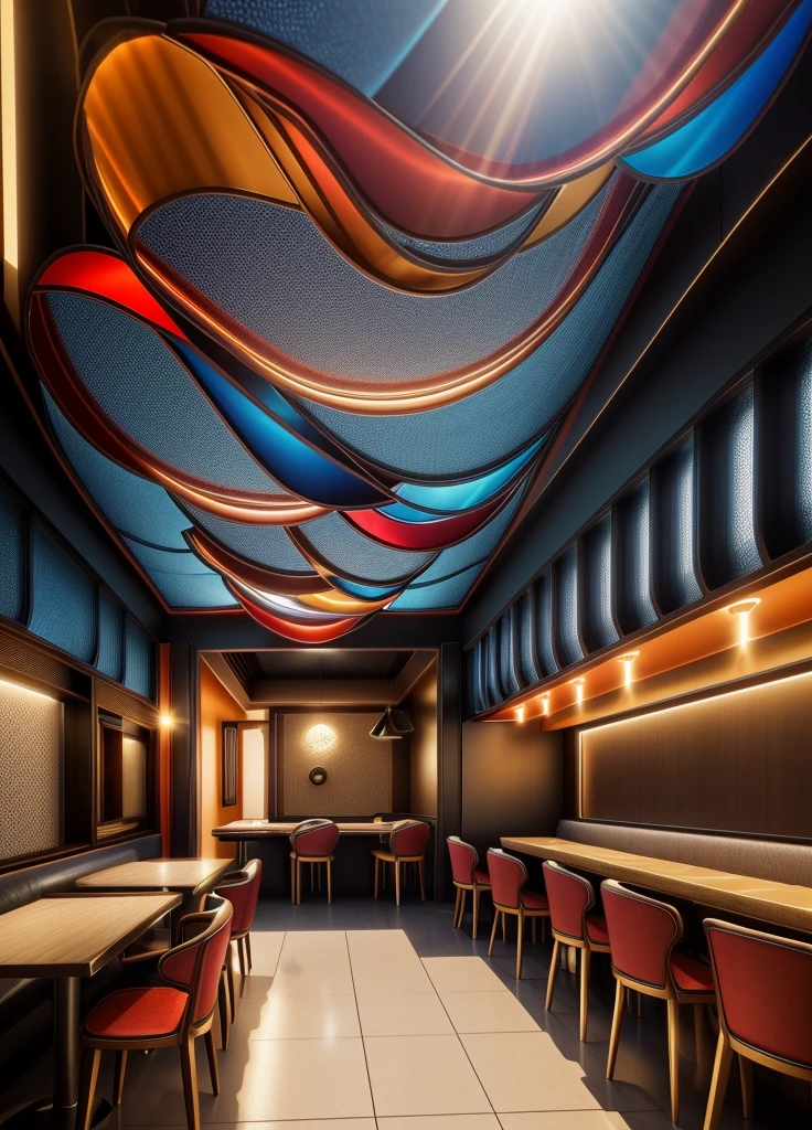 restaurant design, indoor, Super sharp like photos taken with a professional camera, (Masterpiece,best quality,8k uhd,dslr,soft lighting,high quality,hyper detail,film grain,Fujifilm XT3, UE 5 render 8k, super high resolution, supper detail:1.2), color block wall decor, abtract poster decor, glossy floor, (((volumetric light))), Sharp focus bokeh:1.3