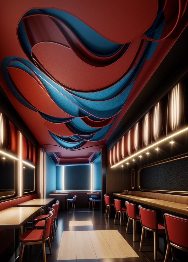 restaurant design, indoor, Super sharp like photos taken with a professional camera, (Masterpiece,best quality,8k uhd,dslr,soft lighting,high quality,hyper detail,film grain,Fujifilm XT3, UE 5 render 8k, super high resolution, supper detail:1.2), color block wall decor, abtract poster decor, glossy floor, (((volumetric light))), Sharp focus bokeh:1.3