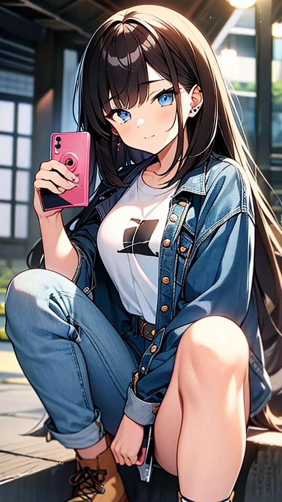 Japanese girl with dark brown hair and bangs, blue eyes, piercing gaze, denim jacket, denim pants, ankle boots, white T-shirt, full length, night Tokyo, blurred background, holding a flip phone in her hand, (90's anime style )