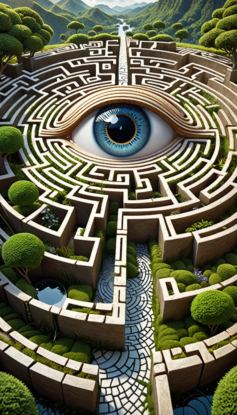 Create a sequence of symbolic images: a labyrinth with intricate paths, an eye with a reflective surface showing dreamy landscapes, and a puzzle piece fitting into place symbolizing the exploration and decoding of dreams, photorealistic render, ultra realistic 3d illustration, amazing photorealistic graphics, hyperrealism. fantasy 4k, intricate eye detail focus, beautiful photorealistic imagery, hyper realistic 3 d render, hyper realistic render, hyper realistic detailed render, hyperrealistic vfx render, hyper - realistic render