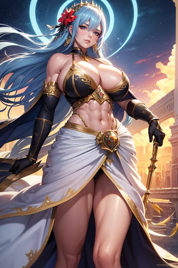 unparalleled masterpiece, ultra-realistic 8k, dynamic lighting, cinematic lighting, perfect artwork, beautiful eyes, detailed eyes, ((Chandelier, hall, palace, royal, Chandelier on background)), looking at the viewer, (((perfect female figure))), (((solo, 1girl, mature female, alluring, clean, beautiful face, lips, one_hand-on ???????))), (((hair flower, hibiscus, diamond neckless, diamond choker, diamond earrings))), ((short hair, light blue hair, yellow eyes, beautiful hair)), ((????????????)), (((long dress, dress, black arm warmers, high sleeves, gloves attached to arm warmer, ???? shoulders, ))), gorgeous, luxury, ((toned, abs, muscular thighs, curvy, biceps, garter belt,)), (hands-on hip), shiny skin, smile, mouth closed, smug, (((huge muscles))),((SOLO WOMAN)), Saint Valkyrie, anjo alado, bela deusa, Mythical heroine, armadura dourada, capacete alado, (((????????????????))), ((Bodybuider)), ((((huge muscular amazon)))), Nome, arte conceitual, High detail, Action painting, Estilo aNome, Cinematic lighting, motion blur, character chart, refer ence sheet, graphic, simetria, cowboy shot, F/1.2, 35 mm, Hasselblad, detalhes altos, anatomicamente correto, master part, best quality, 8k,Asgard, Valkyrie, warrior woman. anatomical correct, muscular abdomen, epic fantasy digital art，tmasterpiece，8K，high-definition resolution，detailed drawing，Quality Superior，, Epic composition,(best quality,4k,8k,highres,masterpiece:1.2),ultra-detailed,(realistic,photorealistic,photo-realistic:1.37),a knight girl with medieval armor,beautiful detailed eyes,beautiful detailed lips,extremely detailed eyes and face,longeyelashes,shining metallic armor,burnished steel sword,ornate helmet with feather plume,flowing cape with intricate patterns,confident and fierce expression,graceful and powerful posture,captivating background filled with ruins and castles,majestic mountains in the distance,fantasy art style,vibrant and rich color palette,warm and golden color tone,soft and dramatic lighting
