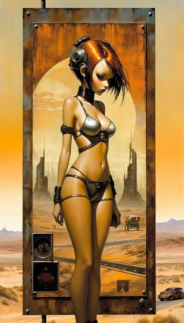 road sign in the desert rusty smooth metal panel with screwed and welded parts, advertisement with a girl in lingerie, in the distance you can see a futuristic city (Dave Mckean inspired art, intricate details, oil painting)