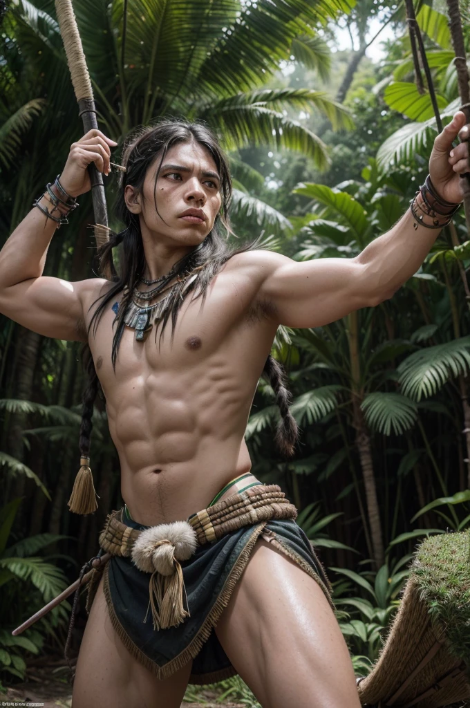 Create a high-quality photograph of a Brazilian indigenous warrior from the year 1450 AD. The warrior should be depicted with traditional war paint, based on historical accuracy. He is equipped with battle gear, including a bow, arrows, and a club (tacape). The attire and accessories should be inspired by the works of Jean-Baptiste Debret, reflecting the cultural and historical aspects of the indigenous inhabitants of Brazil. The warrior stands in a lush, dense jungle setting, with a focused and determined expression, ready for battle. The scene should be vibrant and detailed, capturing the essence of the era and the warrior's readiness for combat.