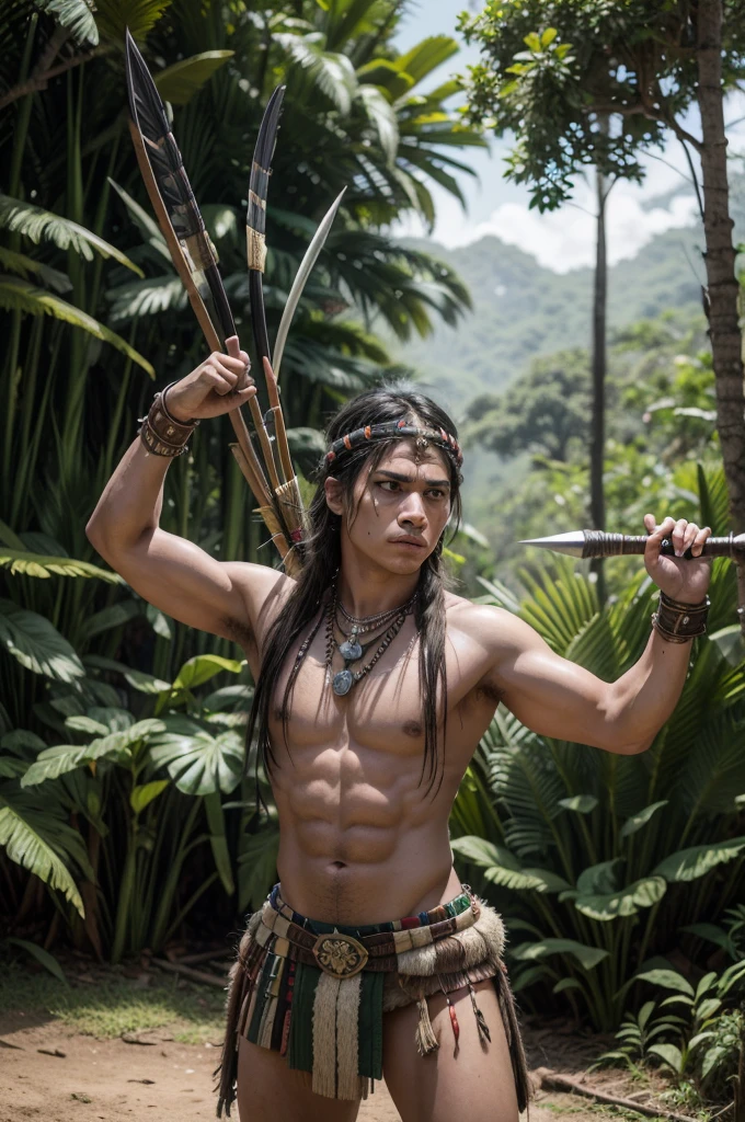 Create a high-quality photograph of a Brazilian indigenous warrior from the year 1450 AD. The warrior should be depicted with traditional war paint, based on historical accuracy. He is equipped with battle gear, including a bow, arrows, and a club (tacape). The attire and accessories should be inspired by the works of Jean-Baptiste Debret, reflecting the cultural and historical aspects of the indigenous inhabitants of Brazil. The warrior stands in a lush, dense jungle setting, with a focused and determined expression, ready for battle. The scene should be vibrant and detailed, capturing the essence of the era and the warrior's readiness for combat.