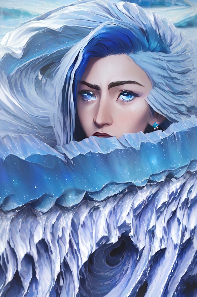 absurderes, high resolution, (offcial art, beautiful and aesthetic:1.2), (close view:1.15), (1 girl, hair blue, medium hair, blue colored eyes, glare eyes, long white dress, blue ruffle,:1.2) blue sky, Shimmering galaxy, (Salar de Uyuni:1.2), (Fractal Art:0.8), water effects, Ripple Effects, (flower effects: 0.65), light effects,