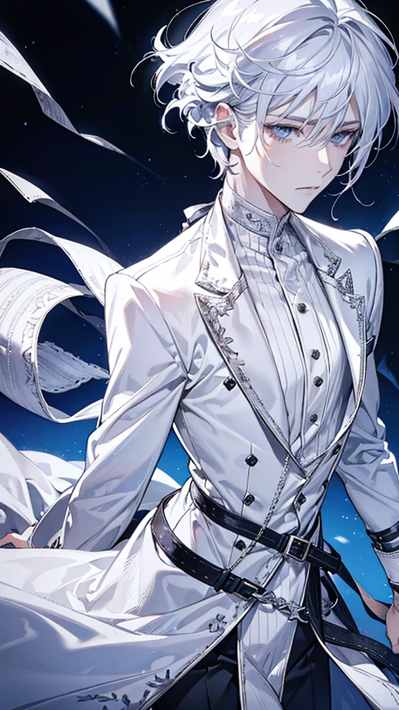 Silver hair, wolfcut hair, diamond colored eyes, white clothes, perfect face shape, calm expression, perfect man, HD.
