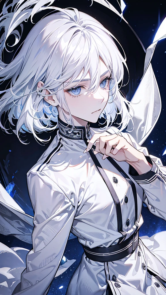 Silver hair, wolfcut hair, diamond colored eyes, white clothes, perfect face shape, calm expression, perfect man, HD.