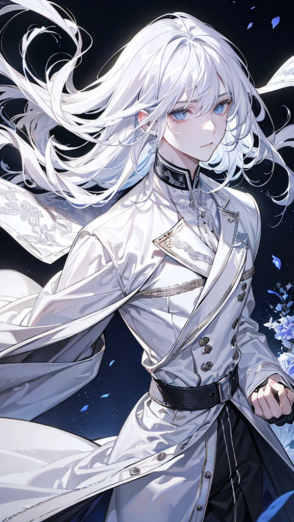Silver hair, wolfcut hair, diamond colored eyes, white clothes, perfect face shape, calm expression, perfect man, HD.