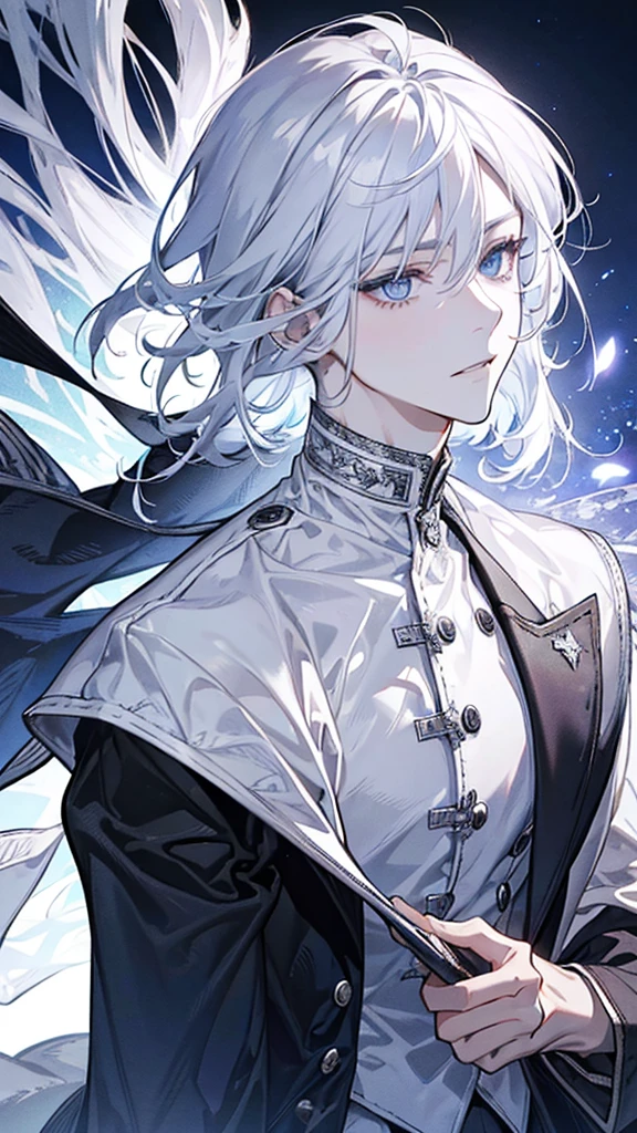 Silver hair, wolfcut hair, diamond colored eyes, white clothes, perfect face shape, calm expression, perfect man, HD.
