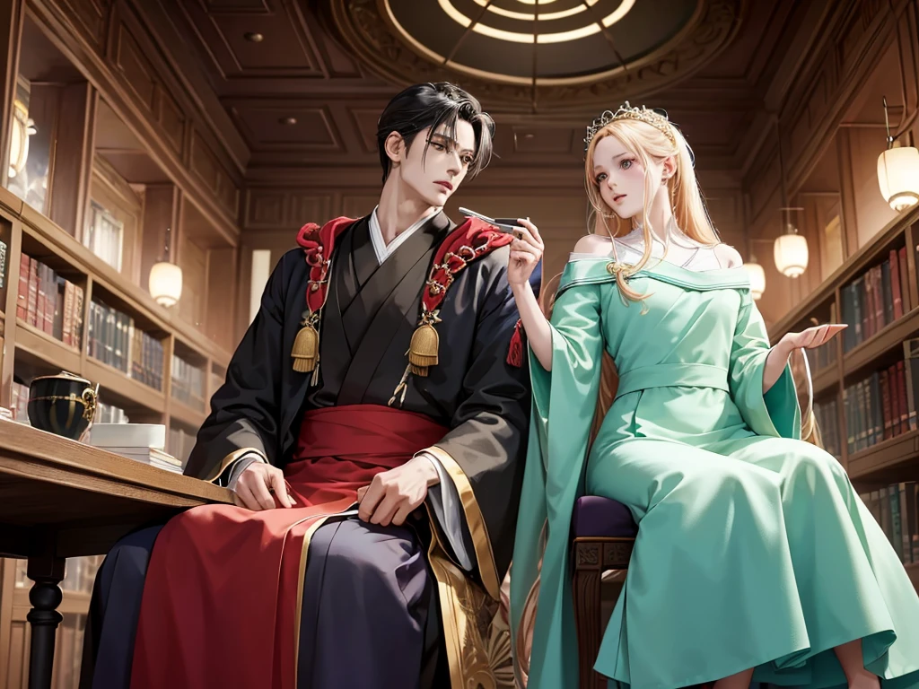 anime image of two people in a library with a table and chairs, a portrait inspired by Tomioka Tessai, trending on pixiv, auto-destructive art, two anime handsome men, anime key visual of elegant, ((wearing aristocrat robe)), dapper dream demon, my dress up darling anime, machiavellian puppetmaster, royal attire akira