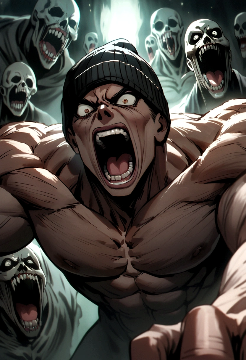 Muscular boy with black beanie hat and visible HALF BROWN HAIR screaming in terror while terrifying and threatening ghosts surround him