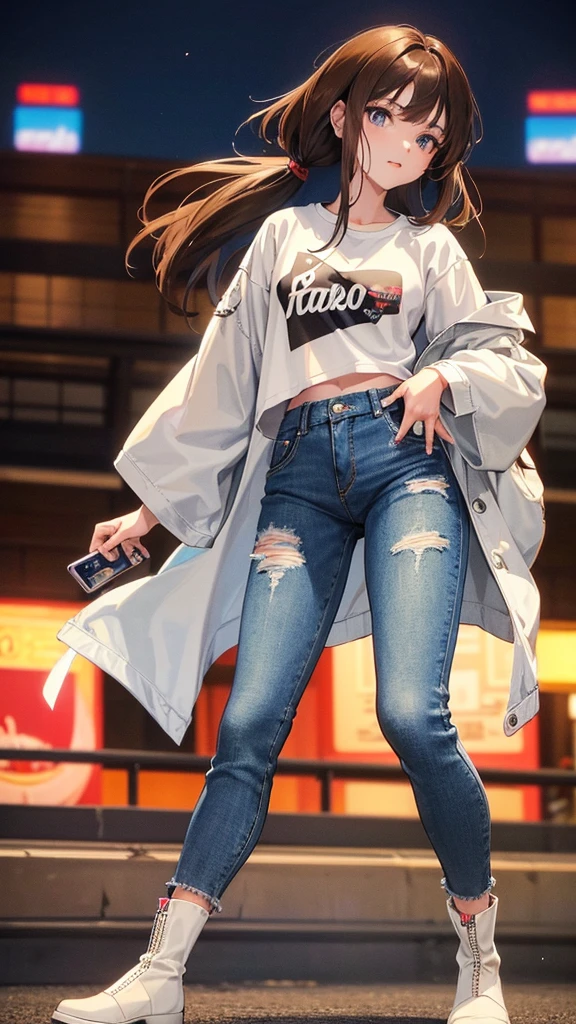 Japanese girl with dark brown hair and bangs, blue eyes, piercing gaze, denim jacket, denim pants, ankle boots, white T-shirt, full length, night Tokyo, blurred background, holding a flip phone in her hand, (90's anime style )