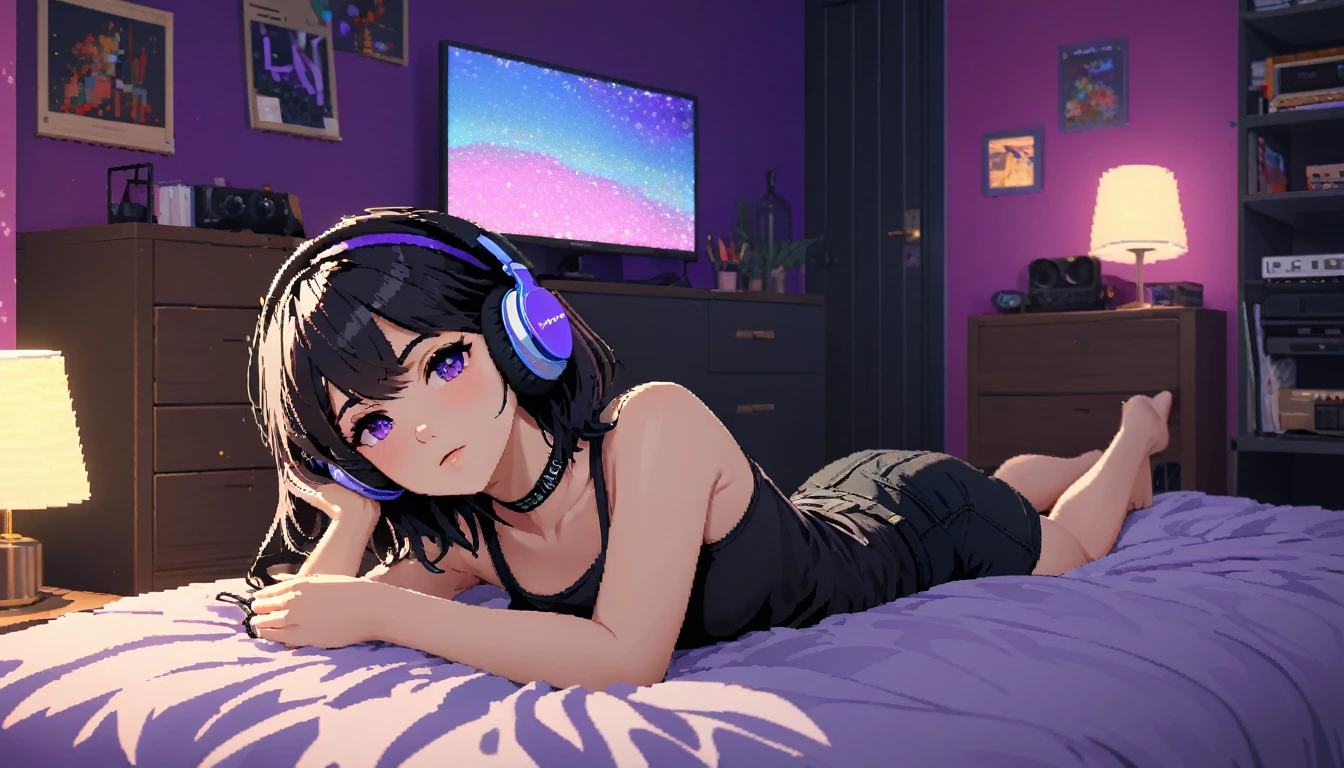 a tomboy girl with short black hair, wearing a crop top and black shorts, lying on a bed, sleep, listening to music on headphones, detailed interior, bedrooms, late night, female rooms, purple wall colours, wear black plains chokers, pixel art style, (best quality, 4k, 8k, highres, masterpiece:1.2), ultra-detailed, (realistic, photorealistic, photo-realistic:1.37), HDR, UHD, studio lighting, ultra-fine painting, sharp focus, physically-based rendering, extreme detail description, professional, vivid colors, bokeh