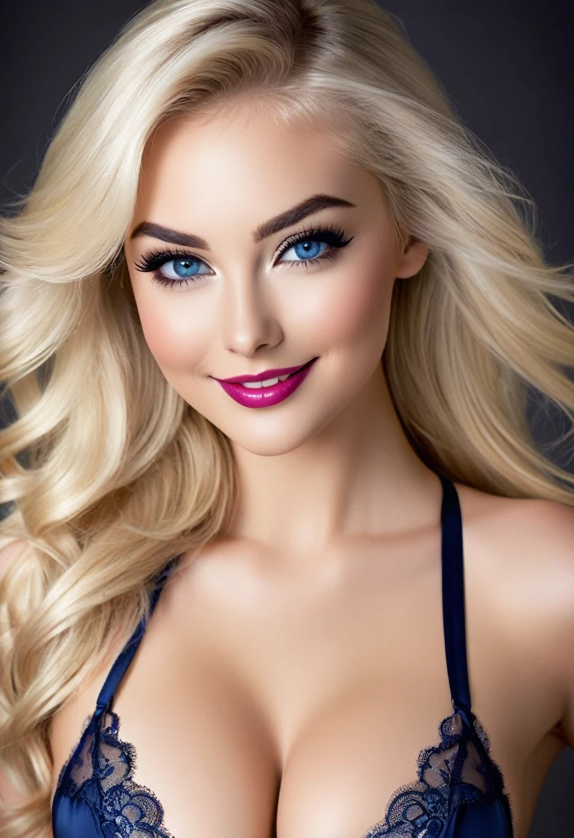 Create an image of the most stunningly gorgeous beautiful perfect sexy youthful woman, absolutely gorgeous face, long luscious eyelashes, black eyeliner, curved eyebrows, perfect makeup, lipstick, perfect complexion, beautiful silky smooth skin, long luscious platinum blonde hair, detailed sapphire eyes, beautiful hour glass body figure, smiling, sexy bondage strapless lingerie, full body view,
