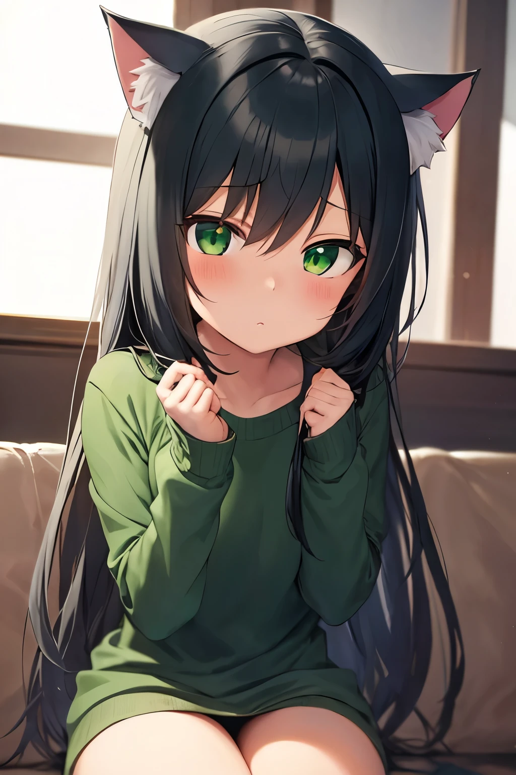 ((Best Quality)), ((anime)), ((a little tender)), 1 girl, with a nice green sweater, not so dark black hair, green eyes almost gray, with cat ears