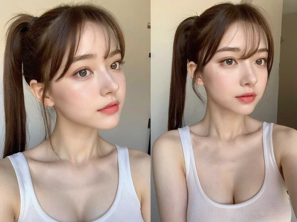 (lifelike, realistic, high resolution:1.3), 1 fille avec un corps parfait, Super fine face and eyes,Longhaire,pigtails, Very tight tank top in random colors:1.2, jupe courte, huge tits, Exposer le décolleté