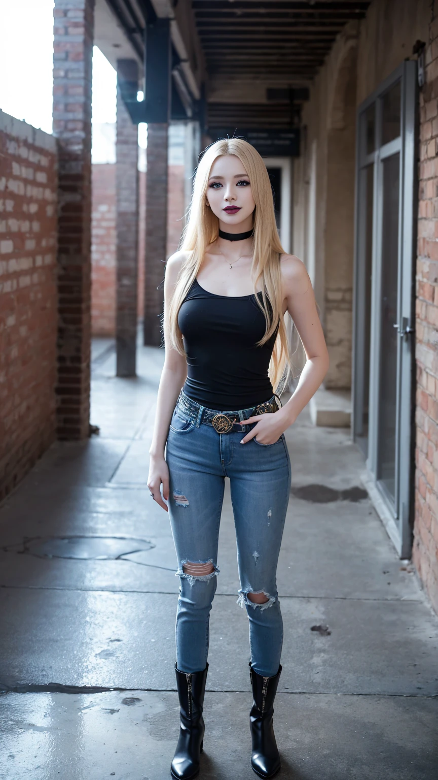 A slender blonde woman with long straight blond hair, ((blue colored eyes)) ((Black lipstick on lips)) com um leve sorriso, wearing a loose black shirt that exposes the shoulders ,and jeans with black boots, is standing posing for a photo with hands on waist, the environment is the interior of a building under construction with bags of cement stacked with some bricks, sunlight illuminates the woman, In the background you can see the landscape of a city with buildings in the background, professional photography quality the image highlights the quality of the photography and the beauty of the woman's eyes and hair including her clothes the framing captures the entire woman standing.
