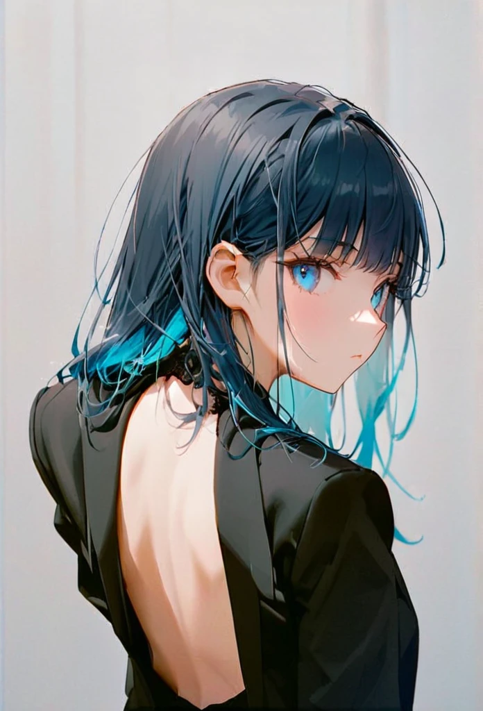 Half body portrait of a young woman long blue hair, blue eyes, wears an all black suit. Stand and look back. Look back. Half-body image. Look back. ยืนโดดเดี่ยวข้างเสา