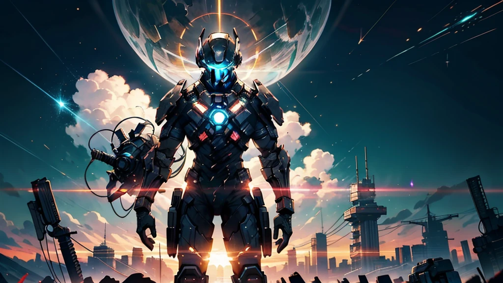 Art inspired by Dead Space, a survivor dons a high-detailed spacesuit, the helmet gracefully glows with ethereal features, an energy meter pulsating on his back. With a plasma pistol regaling three lasers in hand, he readies himself for combat against a malevolent being mysteriously floating within the celestial void. Debris from a shattered structure drifts around him, silhouetted against the backdrop of a distant sun and tranquil Earth. The jet boots he wears hum with the anticipation of propelling him into action, against the ominous threat lurking among the darkness of space.
